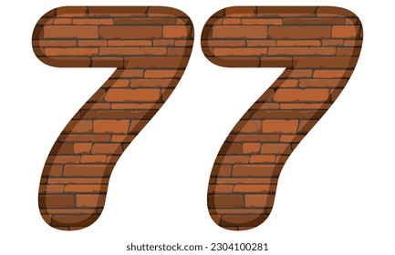 Número Setenta Y Siete En Ilustración Vectorial De Estilo Ladrillo. Número 77 Con Textura De Ladrillo Aislada En Fondo Blanco