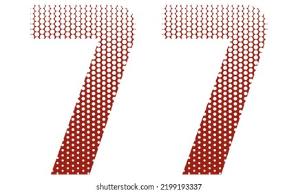 Number Seventy Seven With Red And White Dotted Pattern Vector Illustration. Number 77 Isolated On A White Background
