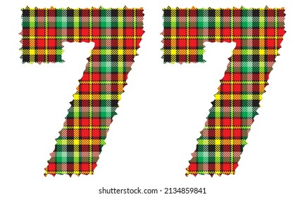 Number Seventy Seven With Textile Texture. Number 77 With Plaid Pattern Isolated On A White Background
