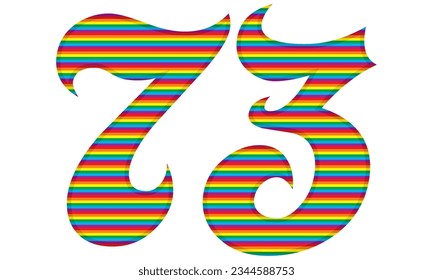 Number Seventy Three With Rainbow Colors Pattern Vector Illustration. Number 73 In LGBT Flag Colors
