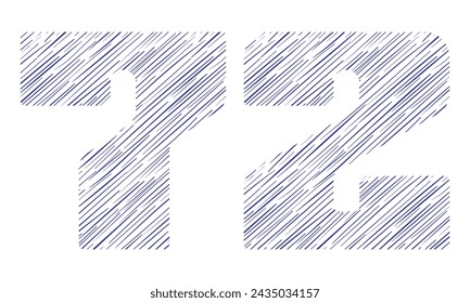 Number Seventy Two With Hand Drawn Pattern Vector Illustration. Number 72 With Line Pattern Isolated On A White Background

