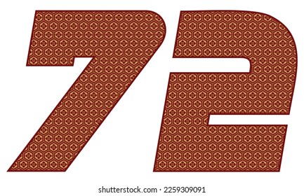Number Seventy Two With Japanese Seamless Vintage Pattern Vector Illustration. Number 72 Isolated In A White Background