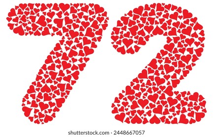 Nummer zweiundsiebzig mit Red Hearts Love Pattern Vektorillustration. Nummer 72 isoliert auf weißem Hintergrund
