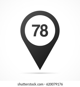 Number Seventy-eight, 78 on map pin. Location pointer isolated on a white background.
Conceptual vector illustration.
