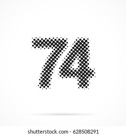Number Seventy-four, 74 in halftone. Dotted illustration isolated on a white background.
Vector illustration.