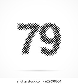 Number Seventy-nine, 79 in halftone. Dotted illustration isolated on a white background.
Vector illustration.