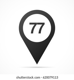 Number Seventy-seven, 77 on map pin. Location pointer isolated on a white background.
Conceptual vector illustration.