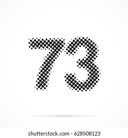 Number Seventy-three, 73 in halftone. Dotted illustration isolated on a white background.
Vector illustration.
