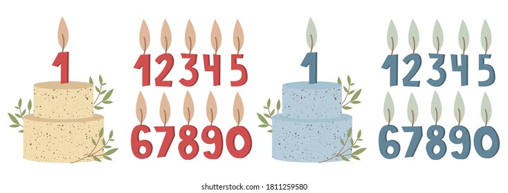 Number shaped candles. Birthday cake with leaves for girl and boys. Set of burning numbers. Vector flat illustration. Perfect for invitation, postcard, poster, print