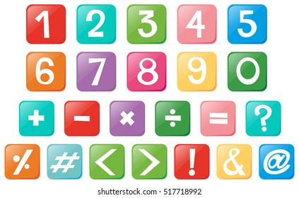 Number and signs on square buttons illustration