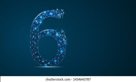 number six 2D low poly abstract illustration consisting of points, lines, and shapes in the form of planets, stars and the universe. Vector digit 6 wireframe concept.