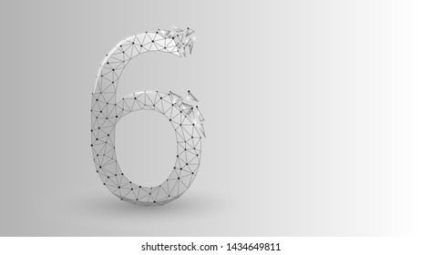 number six 2D low poly abstract illustration consisting of points, lines, and shapes in the form of planets, stars and the universe.Origami Vector digit 6 wireframe concept.
