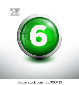 Number Six in 3D Glossy Green Button for web Icon, Education Icon and Alphabet Icon. Vector Illustration 