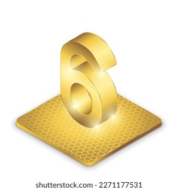 Número seis (6) 2.5D Proyección isométrica Número de vista izquierda Símbolo Diseño Icono de oro Aislado en fondo blanco