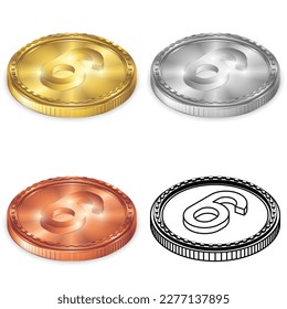 Número seis (6) 2.5D Proyección isométrica Número de la vista izquierda Símbolo Moneda de oro, plata, cobre, negro-blanco Icono de logotipo de silueta aislado en fondo blanco