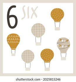 Number six. 6. Cute hand drawn air balloon. Vector card for kids with numbers for teaching children to count and learn english words. Learn to count. Exercises for kids. Kids illustration.