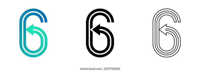 Número seis (6) Gradiente de diseño de punta de punta de cinta doblada doble, negro, icono de logotipo de línea de arte aislado en fondo blanco