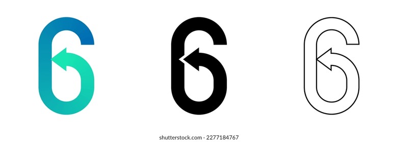 Number Six (6) Folded Ribbon End Arrowhead Design Gradient, Black, Line Art Logo Icon Isolated on White Background