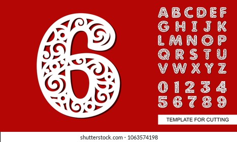 Number six - 6. Full English alphabet and digits 0, 1, 2, 3, 4, 5, 6, 7, 8, 9. Lace letters and numbers. Template for laser cutting, wood carving, paper cut and printing. Vector illustration.