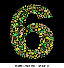 The number SIX 6, isolated on a black background. Vector floral illustration. Artistic composition. Cover design template. Illustration for a brochure, poster, cover, postcard, presentation, flyer, or banner.