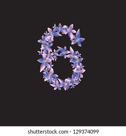 Number six 6 made with flowers. Vector illustration. Eps 10. Black background. Date. Celebrate.