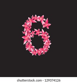 Number six 6 made with flowers. Vector illustration. Eps 10. Black background. Date. Celebrate.