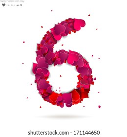 Number six, 6 made from red hearts Love alphabet
