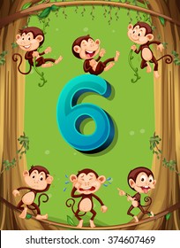 Number six with 6 monkeys on the tree illustration