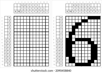 Number Six 6 Nonogram Pixel Art, Mathematical, Numeral, Numeric, Word, Symbol Vector Art Illustration, Logic Puzzle Game Griddlers, Pic-A-Pix, Picture Paint By Numbers, Picross