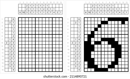 Number Six 6 Nonogram Pixel Art, Mathematical, Numeral, Numeric, Word, Symbol Vector Art Illustration, Logic Puzzle Game Griddlers, Pic-A-Pix, Picture Paint By Numbers, Picross