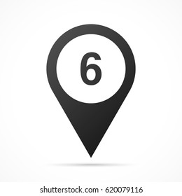 Number Six, 6 on map pin. Location pointer isolated on a white background.
Conceptual vector illustration.