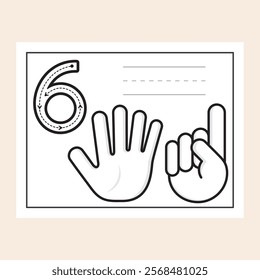 Number Six. Black and White worksheet designed to help students learn and practice numbers. Activity made with cute and clean graphics ready to trace, color, write and improve finger counting