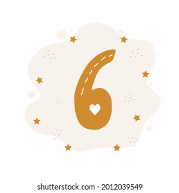Number six in boho style. Cute doodle element for birthday card template. Scandinavian vector illustration.