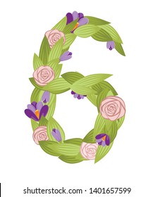 Number six. Cartoon flower font design. Number 6 with flowers and leaves. Flat vector illustration isolated on white background