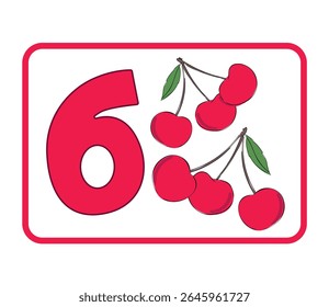 Número seis com Vetor de cerejas Flashcard de fruta para a educação de contagem pré-escolar 6