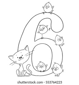 Number six. Cute cartoon animals. Numbers and animals. Chicken and kitten. Funny figurines to paint. Vector doodle isolated on white background