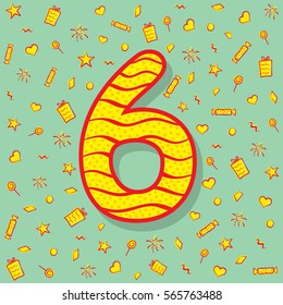 number six with different object like gift box, star, heart,and different shape background design