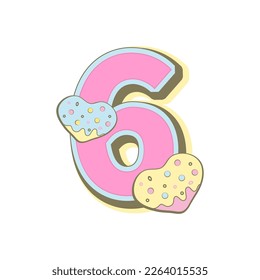 Number six with donuts, baby month cards. Monthly milestone. Birthday Party Invitation, card, badge. Vector