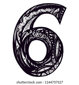 The number six. Doodle, Zentangle. Hand draw. Vector illustration on isolated background