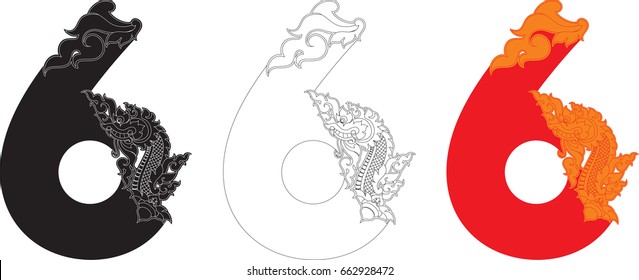 Number Six, Doodles Swirl Tribal Tail and Head of Naga Number Alphabets (Dragon Monster Art Number Font) Vector Format / Southeast Asia Art Style