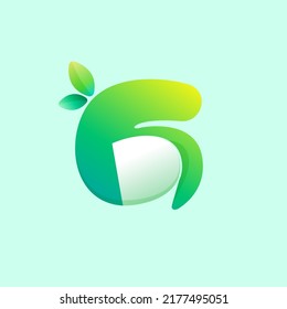 Number six eco logo with curled corner and green leaves. Negative space style icon. Colorful gradient note paper. Vector origami font for agriculture art, waste recycling design, healthy food ads.