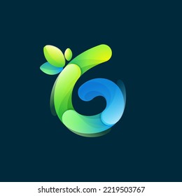 Number six eco logo with gradient lines with green leaf. Environment friendly icon made of overlapping parts. Perfect for agriculture art, waste recycling app design, healthy food packaging.