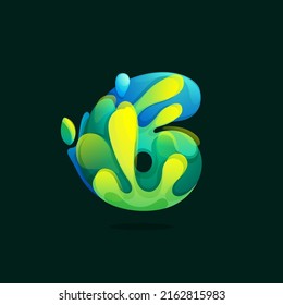 Logotipo ecológico número seis hecho de salpicaduras verdes y azules, olas de agua pura y rocío con hojas frescas. Icono de rescate de vida silvestre con gradientes. Perfecto para el arte de la agricultura, empaque saludable de alimentos.