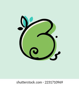 Number six eco-friendly logo. Hand-drawn style with rough marker and paint shift effect. Vector cartoon typeface for zero waste art, nature protection company, spring posters, vegan food packaging.