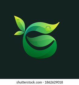 Number six ecology logo with green leaves and dew drops. Vector icon perfect for agriculture labels, eco friendly food emblem, landscape posters and garden identity, etc.