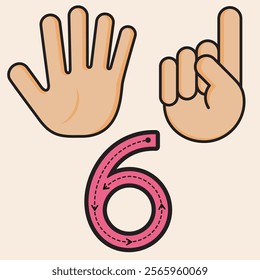 Number Six. Finger counting designed to help PreK and Kindergarten students learn and practice numbers. Vector fully editable line art design