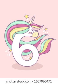 Number six in the form of a unicorn. Happy sixth year old,kids illustration.6 years anniversary