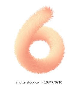 Number six in fur childish style. Colorful cartoon fluffy gentle digit 6. Feathery fun pink digit. Vector isolated illustration