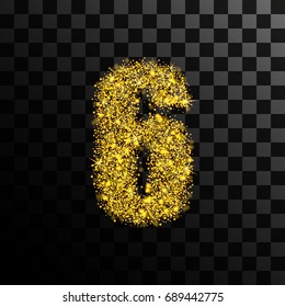 Number six of gold glitters and glitter. Vector illustration on a transparent dark background.
