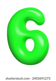 Number Six green in 3d style. 6 number balloon cartoon style font. Vector